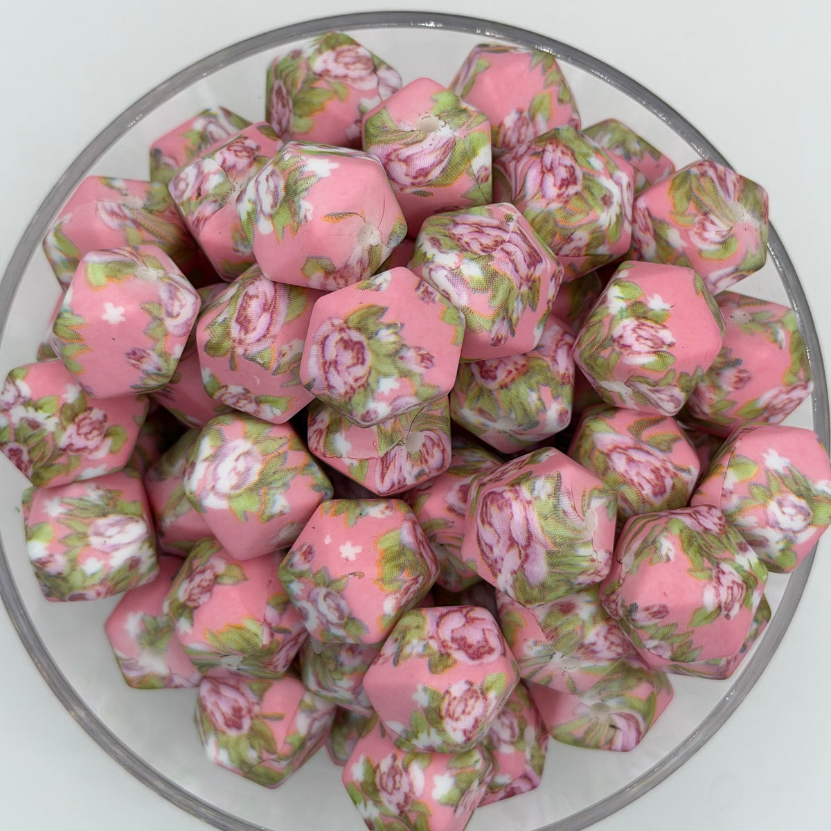 Blushing Roses 14mm Hexagon Printed Silicone Bead