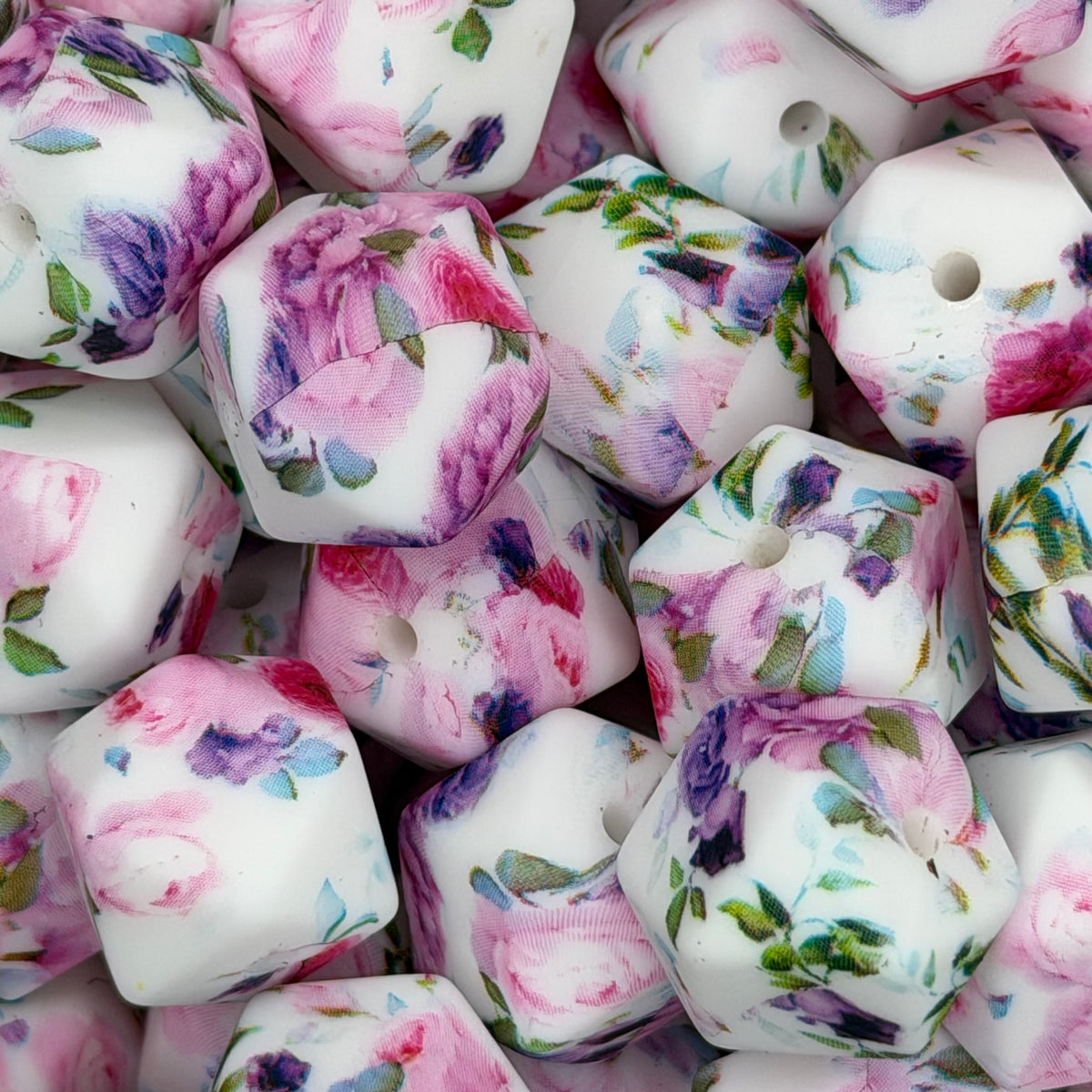 Cottage Garden 14mm Hexagon Printed Silicone Bead