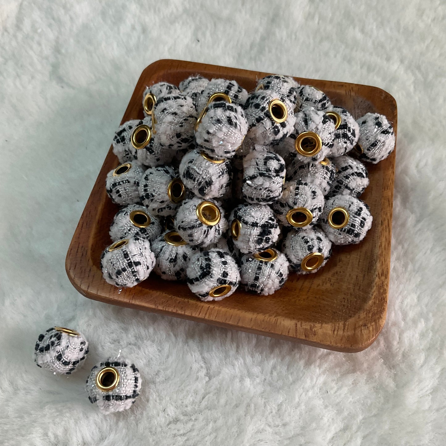 Black and White Tweed Fuzzy Bead 15mm