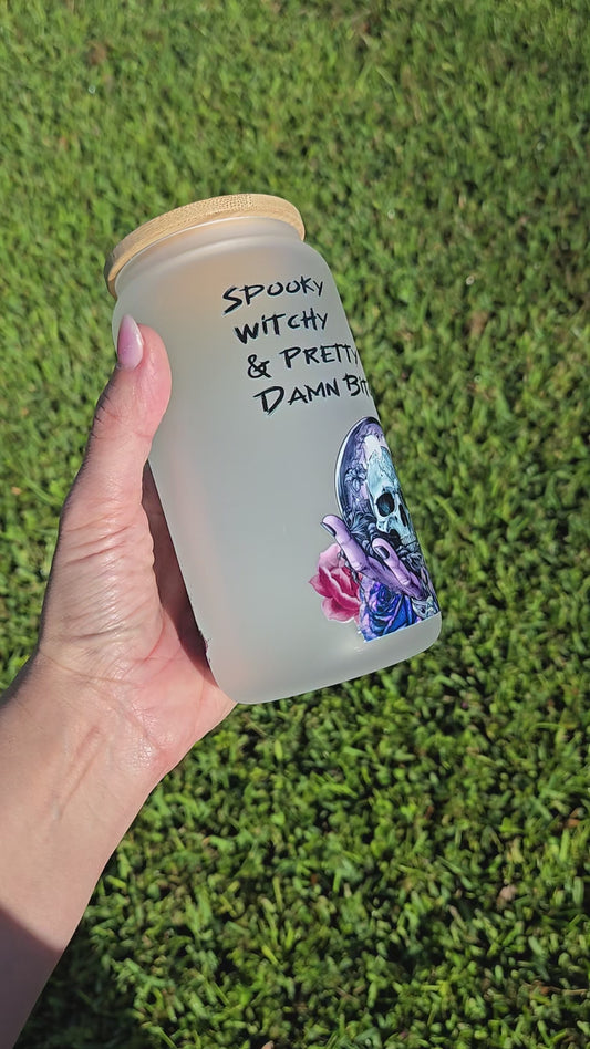 Spooky Witchy & Pretty Damn Bitchy - 16oz frosted glass UVDTF tumbler