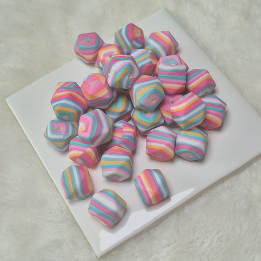 Candy Stripes 14mm Hexagon Printed Silicone Bead