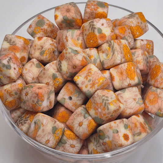 Orange Blossoms Cube Print Silicone Bead