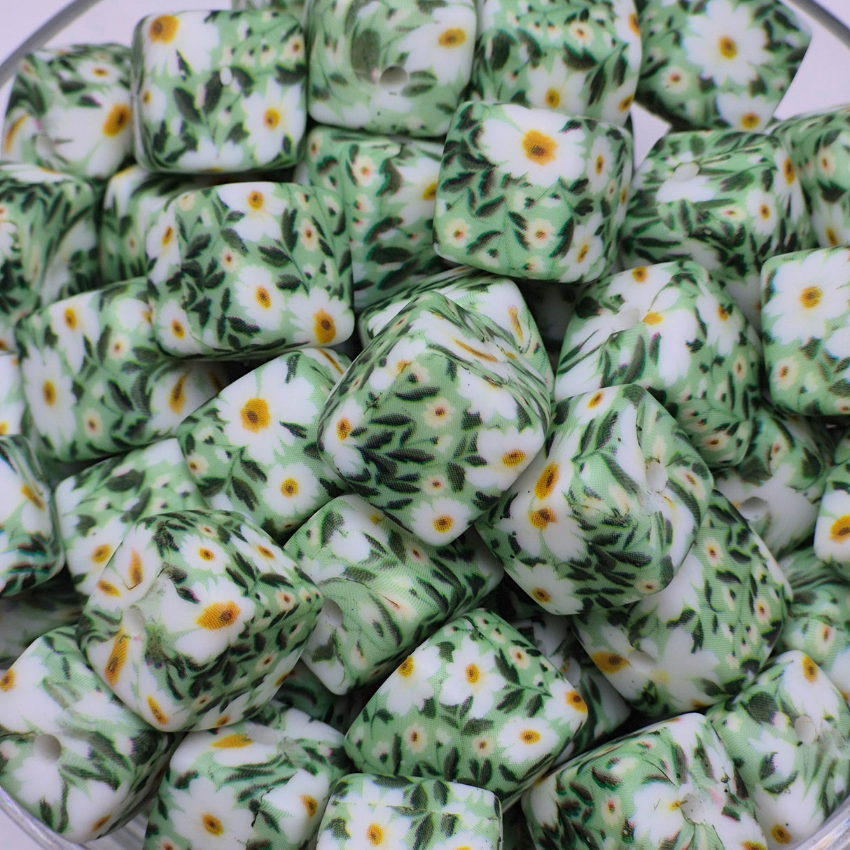Field of Daisies Cube Print Silicone Bead