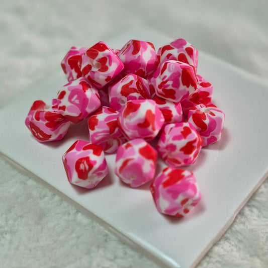 Pretty in Pink 14mm Hexagon Printed Silicone Bead