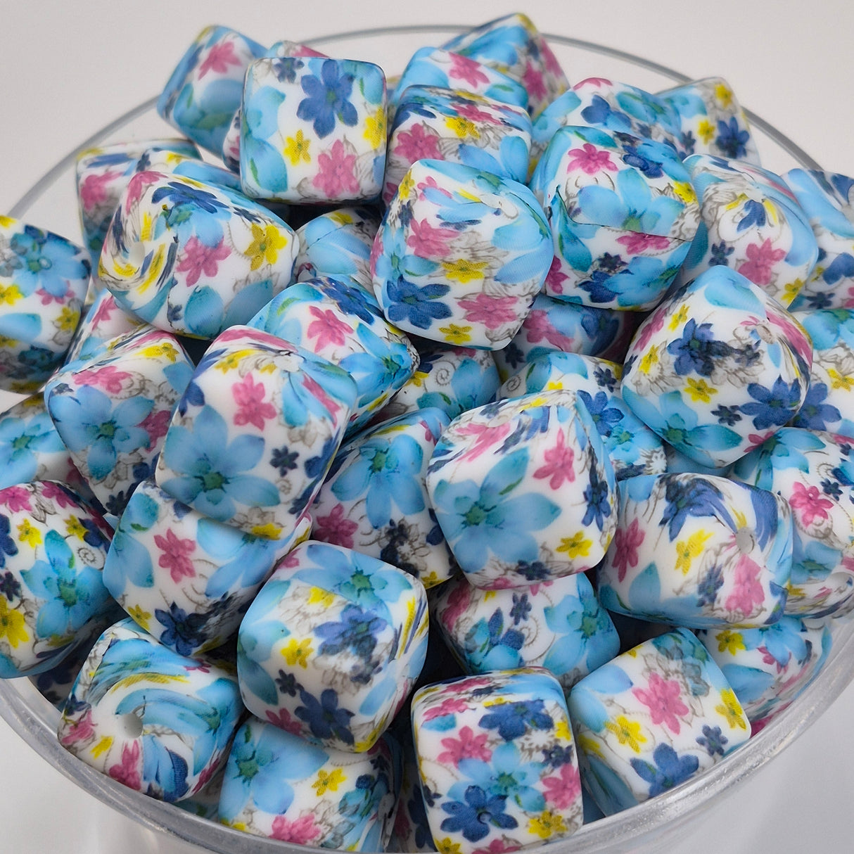 Blossoms of Blue Cubes Print Silicone Beads