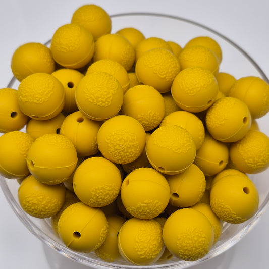 Mustard Embossed 15mm Solid Silicone Beads