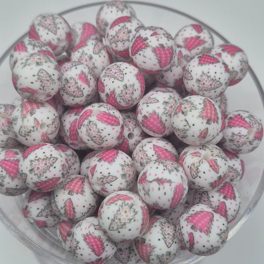 Pink Christmas Trees 15mm Silicone Bead