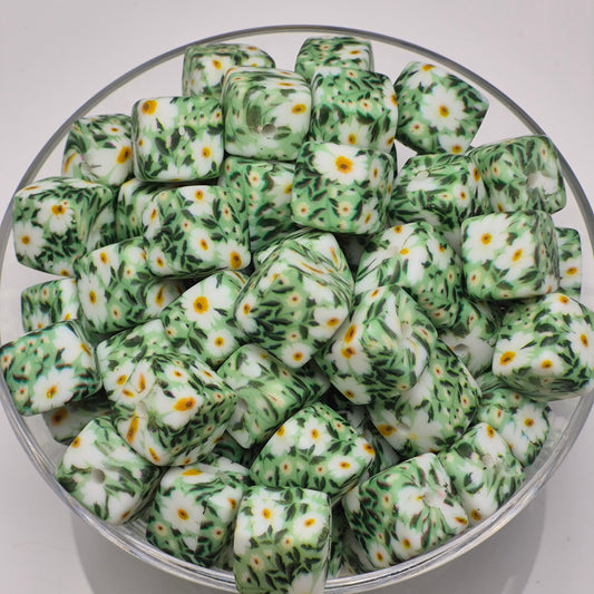 Field of Daisies Cube Print Silicone Bead