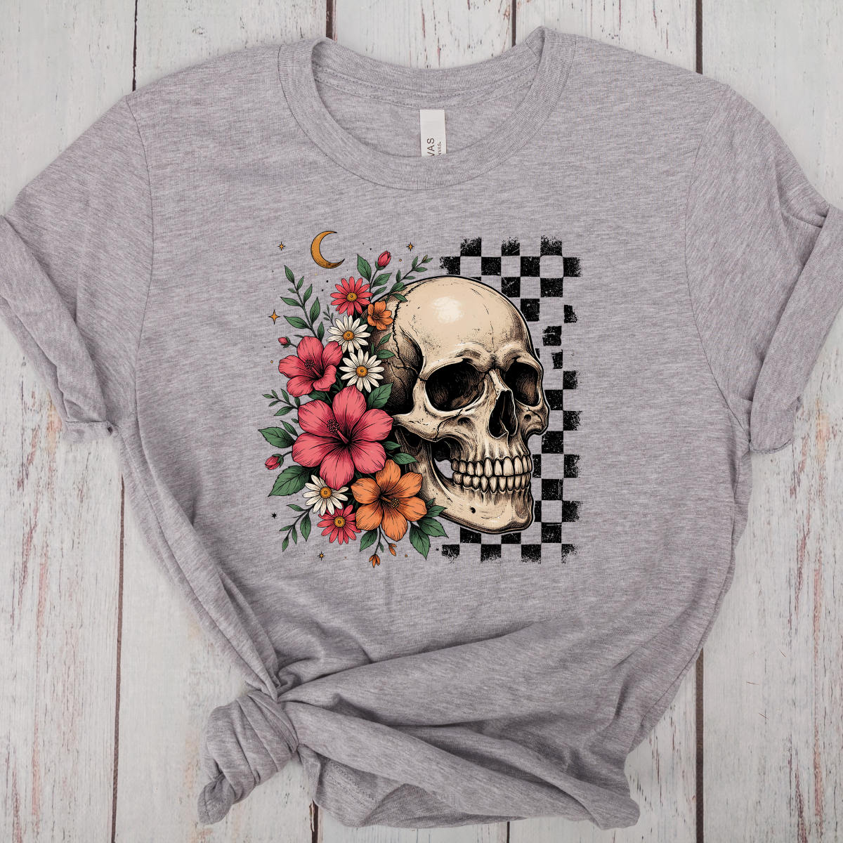 Skull with Flowers and Checkers - DTF Transfer Print