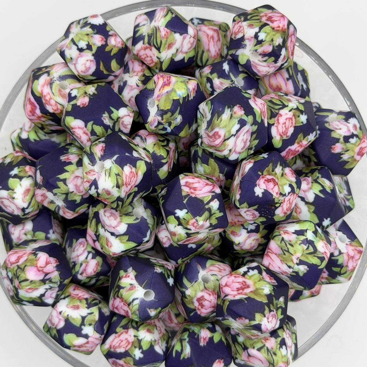 Midnight Roses 14mm Hexagon Printed Silicone Bead