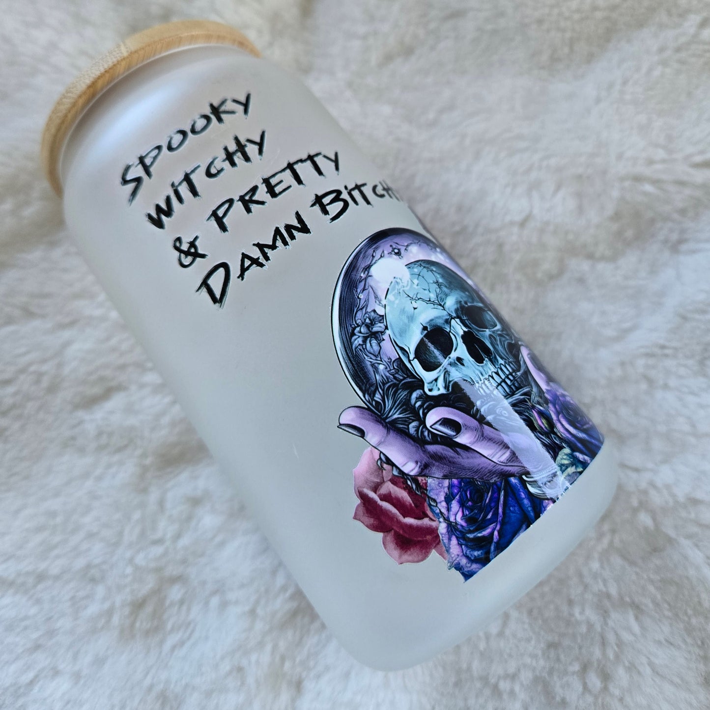 Spooky Witchy & Pretty Damn Bitchy - 16oz frosted glass UVDTF tumbler