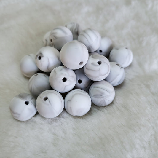 Marble White with Gray 15mm Solid Silicone Beads