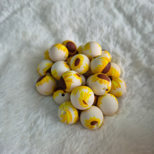 Sunflowers on Cream Base 15mm Silicone Bead