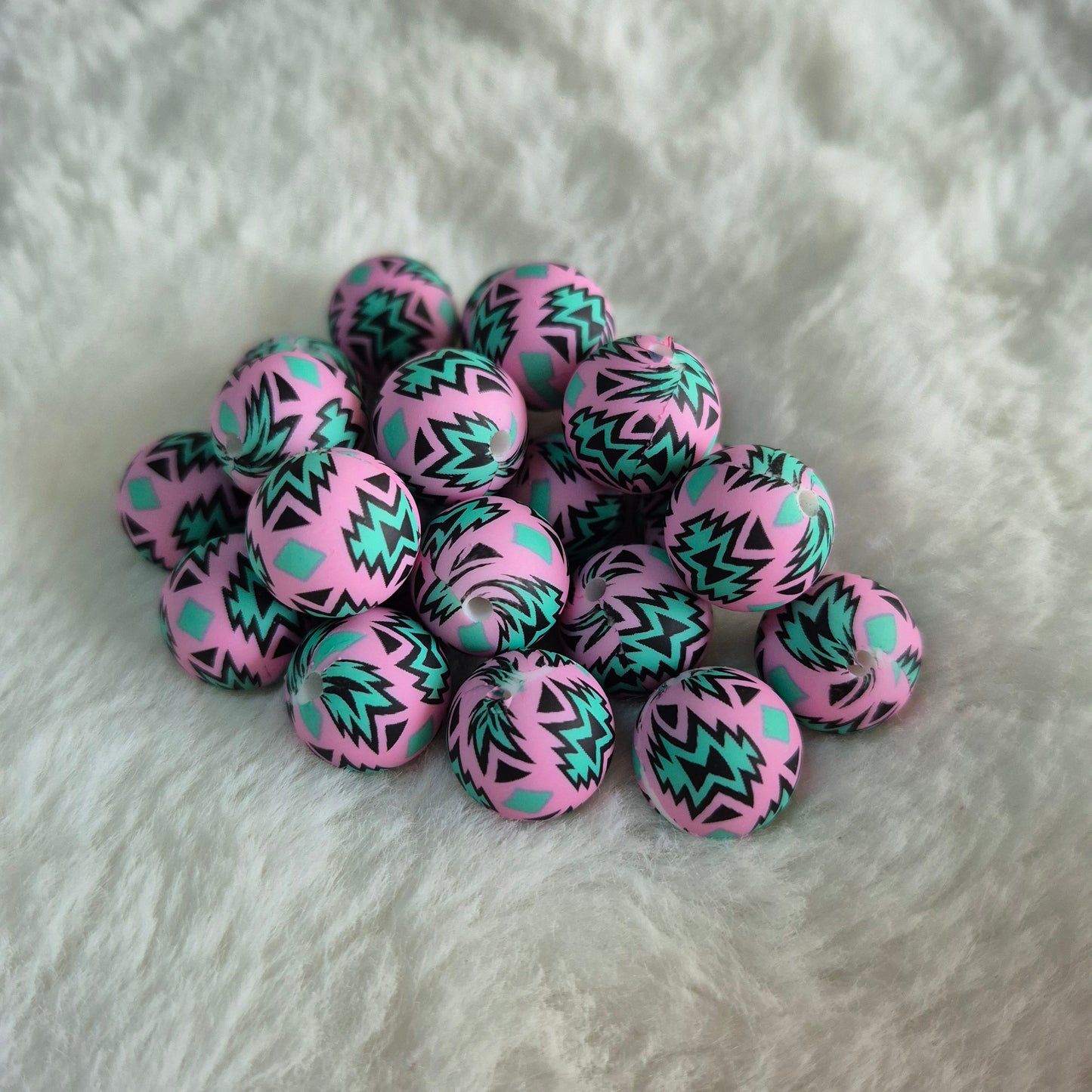 Pink, Black and Teal Aztec 15mm Silicone Bead