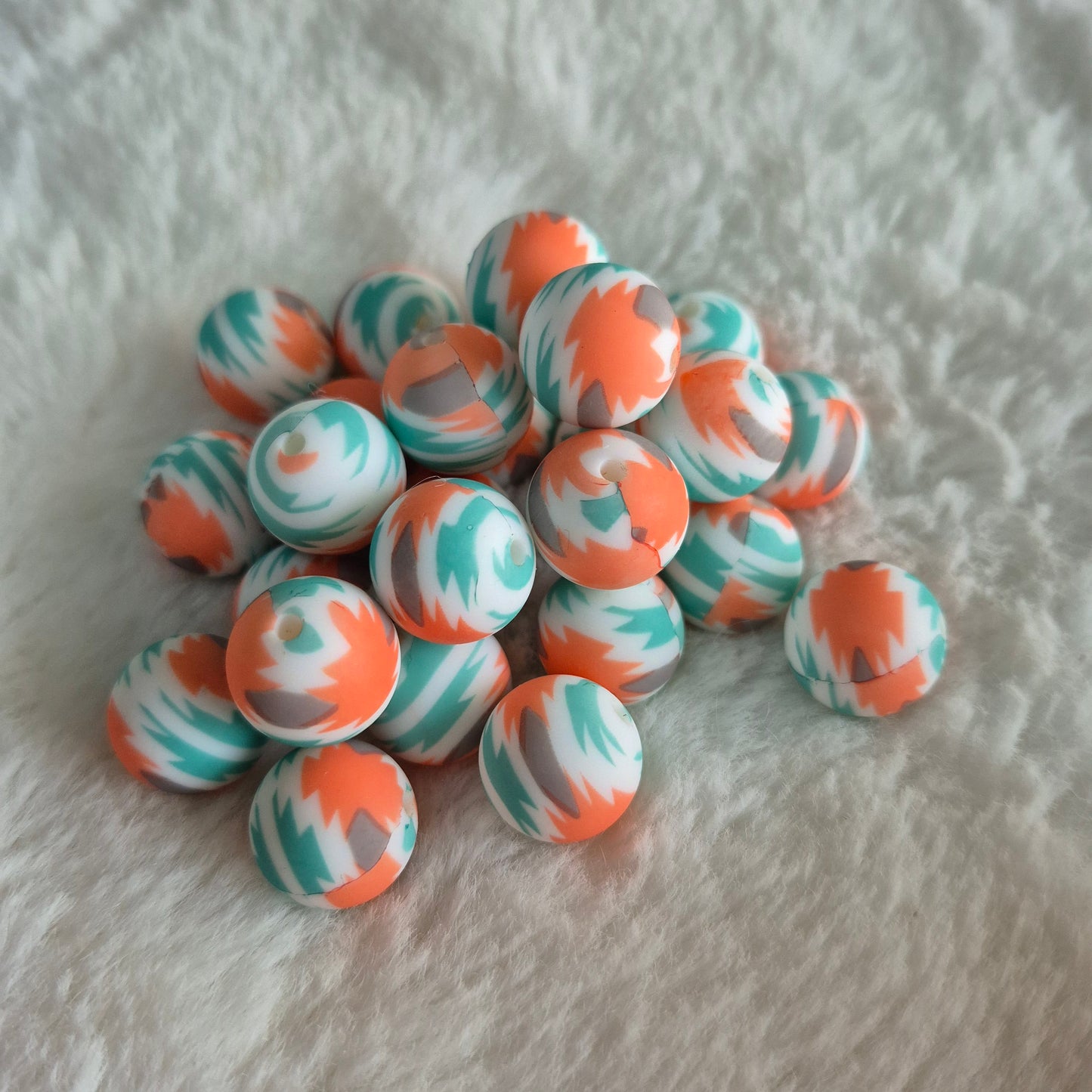 Coral and Teal Aztec 15mm Silicone Bead