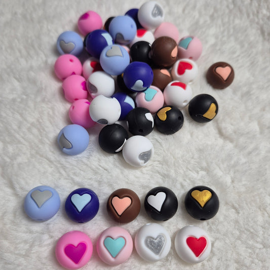 Round Hearts Print 15mm Silicone Bead