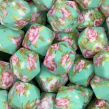 Mint Roses 14mm Hexagon Printed Silicone Bead