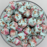 Morning Roses 14mm Hexagon Printed Silicone Bead