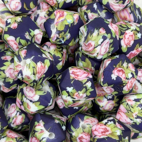 Midnight Roses 14mm Hexagon Printed Silicone Bead