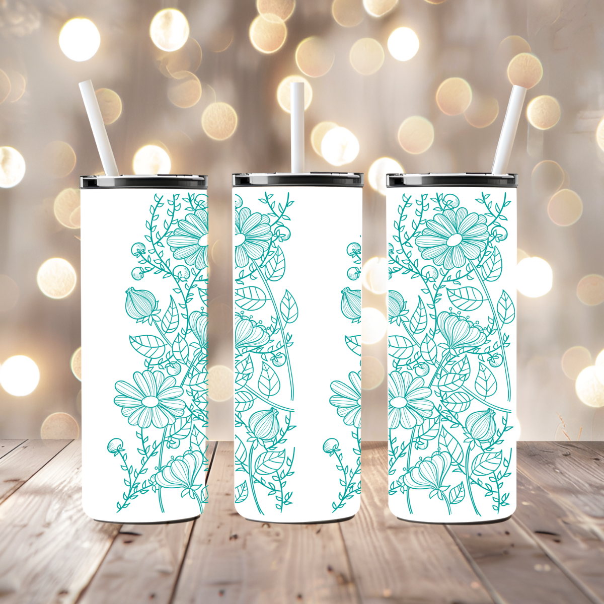 Teal Line Drawn Flowers 20oz Skinny Wrap