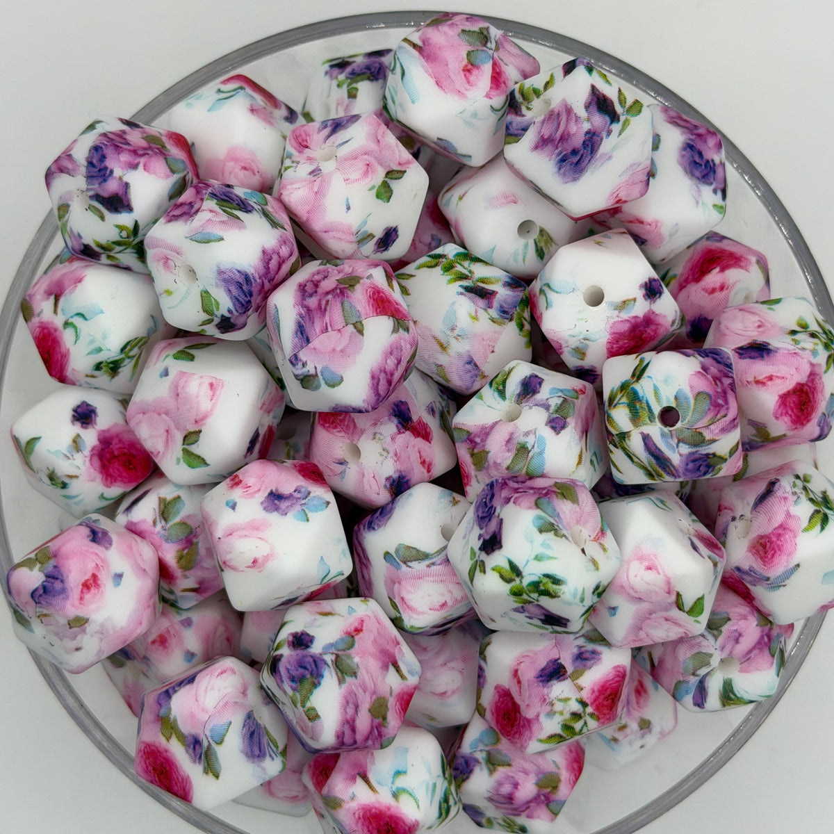 Cottage Garden 14mm Hexagon Printed Silicone Bead