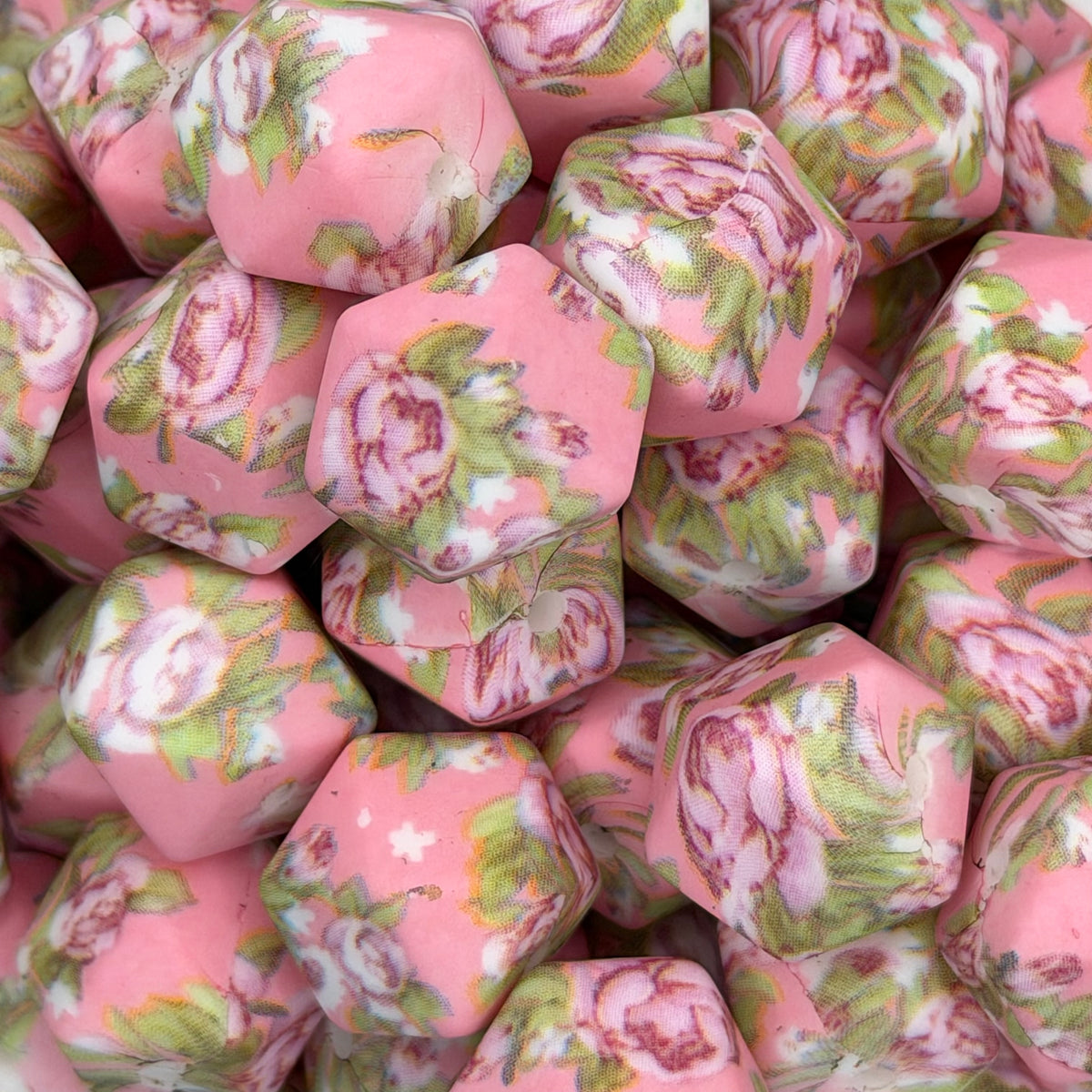 Blushing Roses 14mm Hexagon Printed Silicone Bead