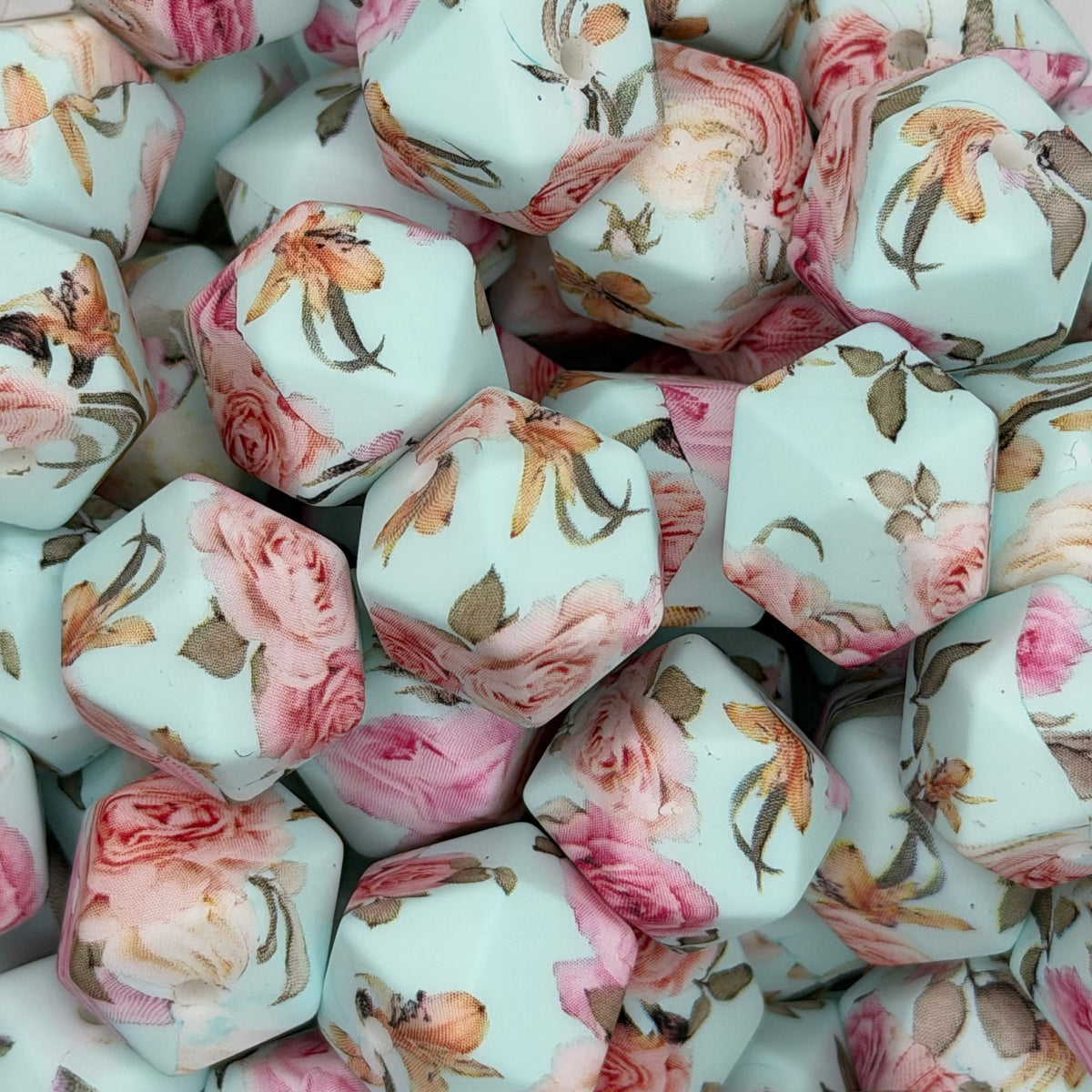 Morning Roses 14mm Hexagon Printed Silicone Bead