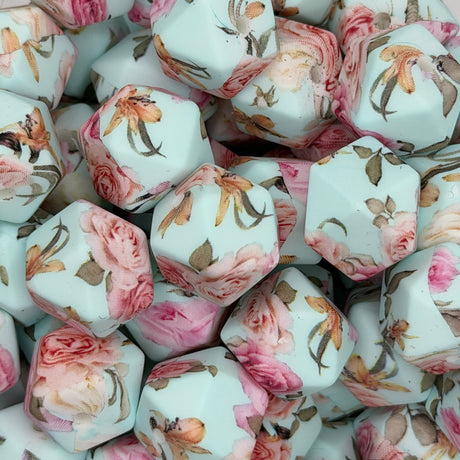 Morning Roses 14mm Hexagon Printed Silicone Bead