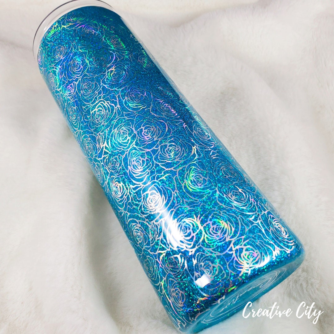 Teal Glitter with Silver Floral Foil 20oz skinny tumbler