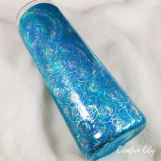 Teal Glitter with Silver Floral Foil 20oz skinny tumbler