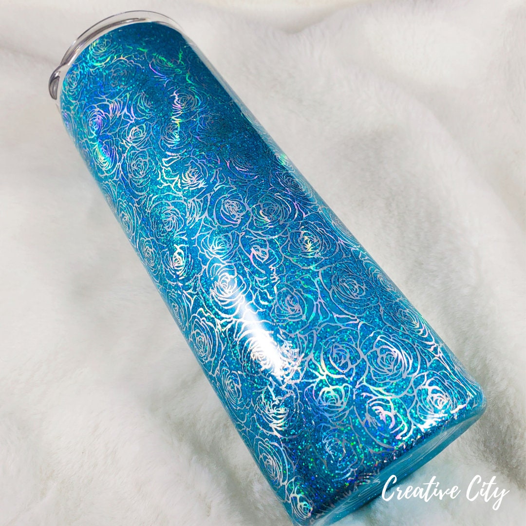 Teal Glitter with Silver Floral Foil 20oz skinny tumbler