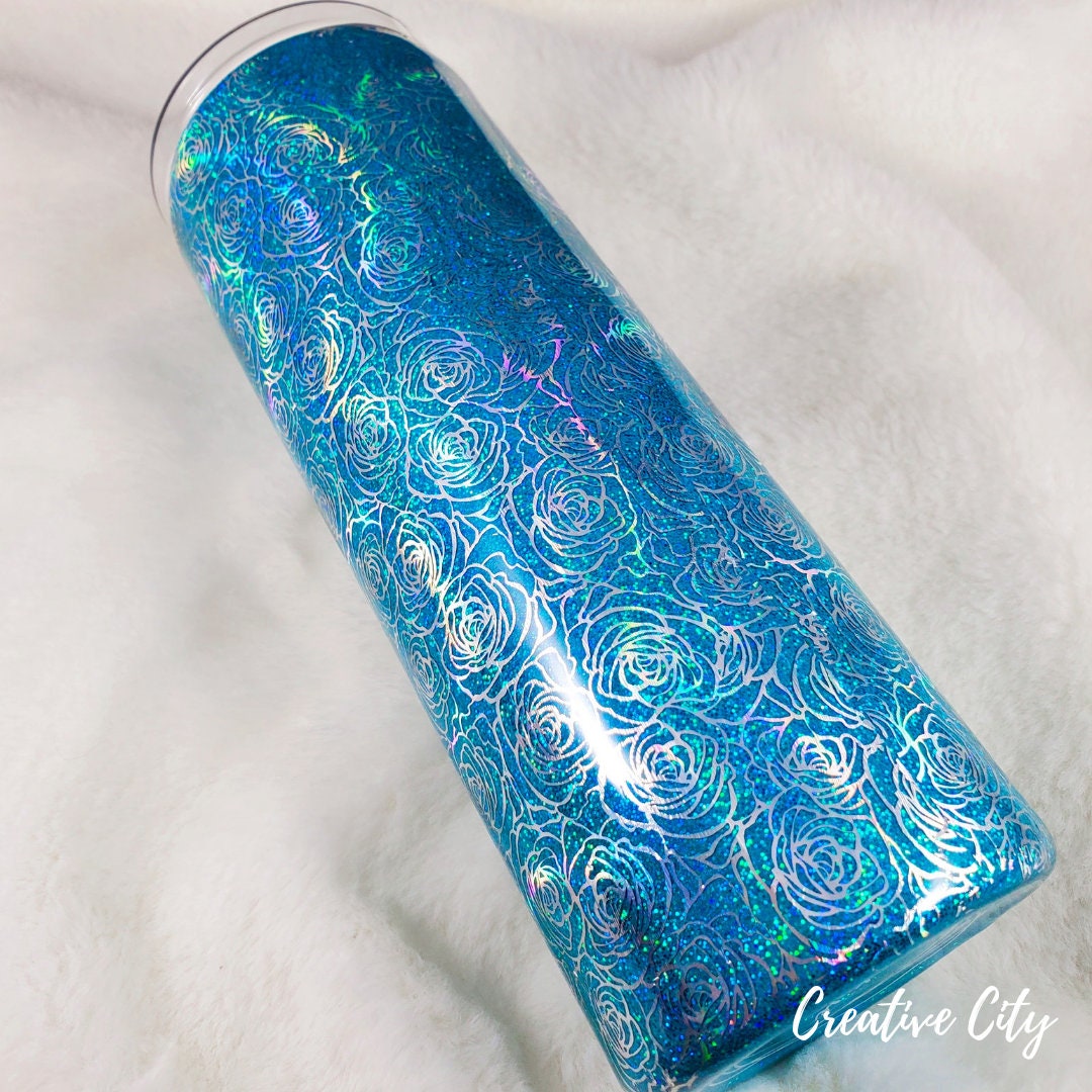 Teal Glitter with Silver Floral Foil 20oz skinny tumbler