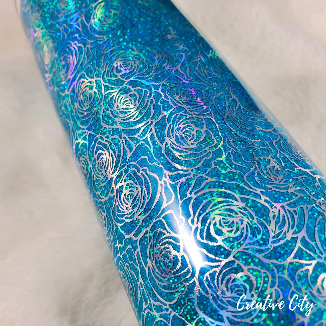 Teal Glitter with Silver Floral Foil 20oz skinny tumbler