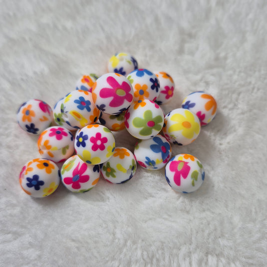 Bright Flowers Print 15mm Silicone Bead