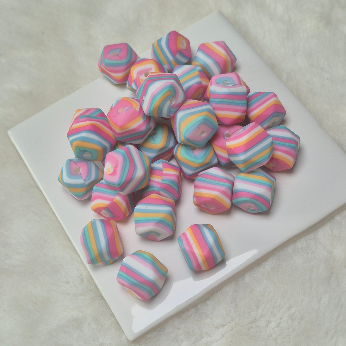 Candy Stripes 14mm Hexagon Printed Silicone Bead