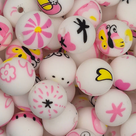 Fabulous Pink Doodles 15mm Silicone Print Bead