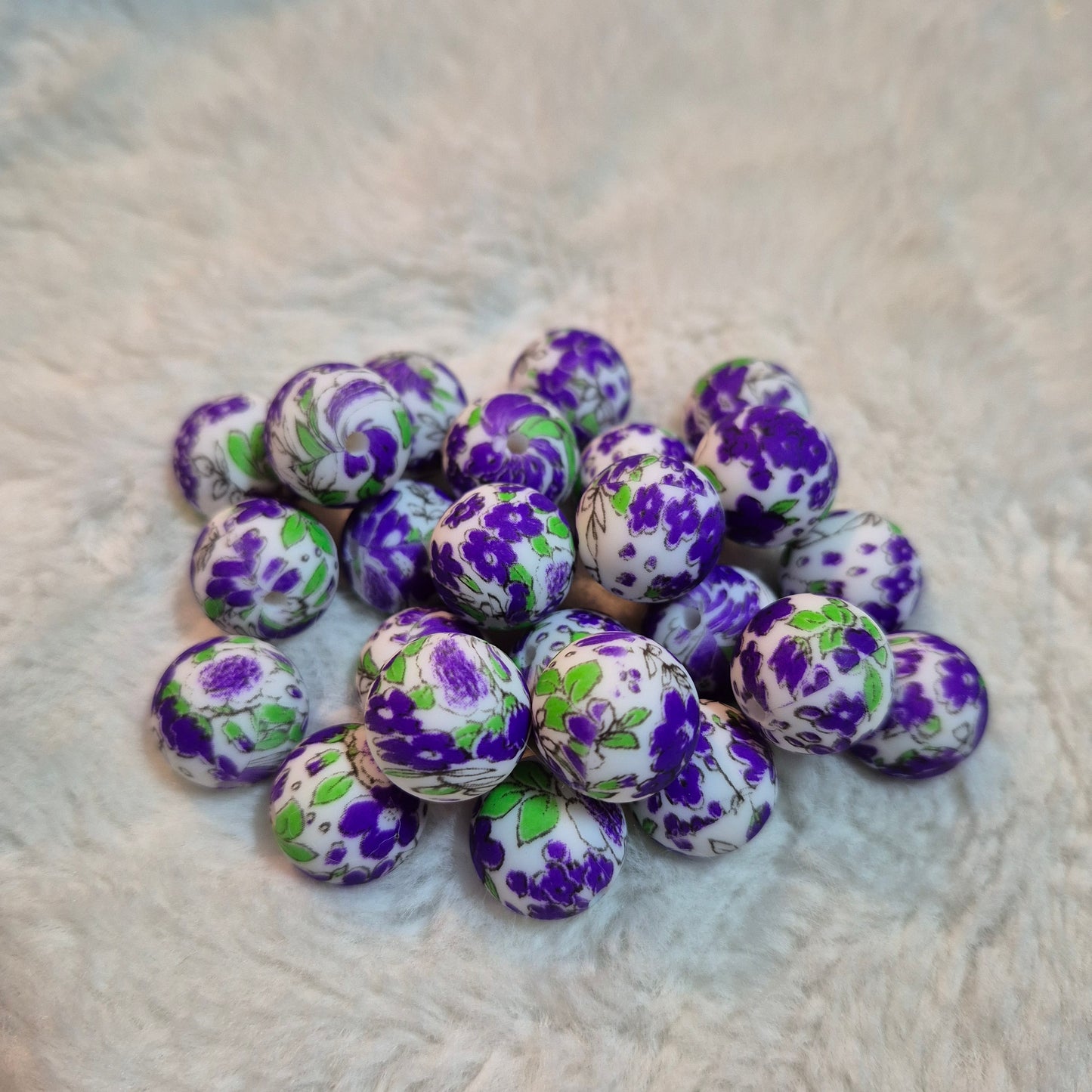 Purple Floral 15mm Silicone Bead