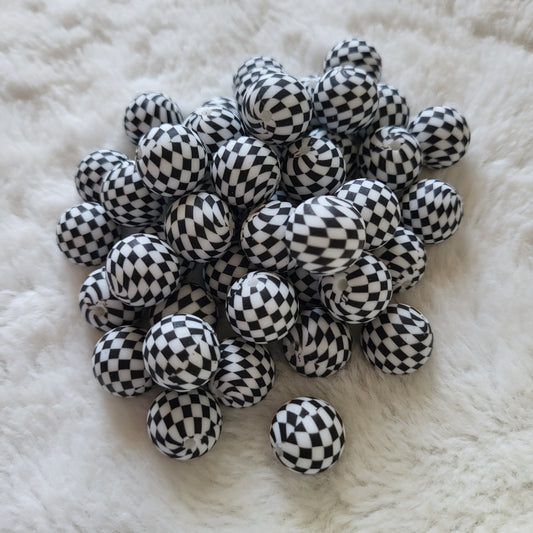 Black and White Checkers 15mm Silicone Bead