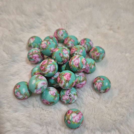 Mint Roses Floral 15mm Silicone Bead