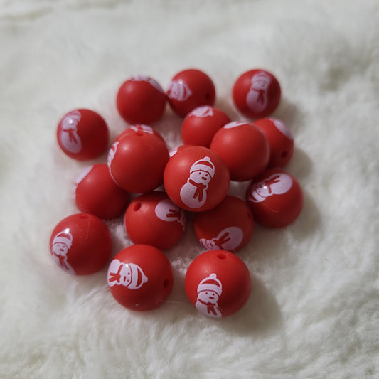 Red Snowman 15mm Silicone Bead