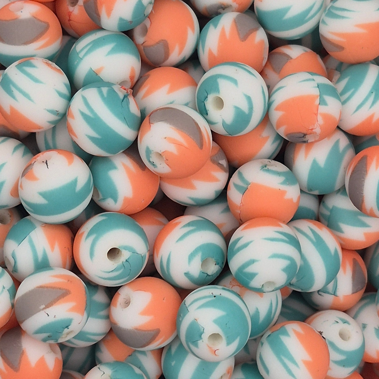 Coral and Teal Aztec 9mm Print Silicone Bead