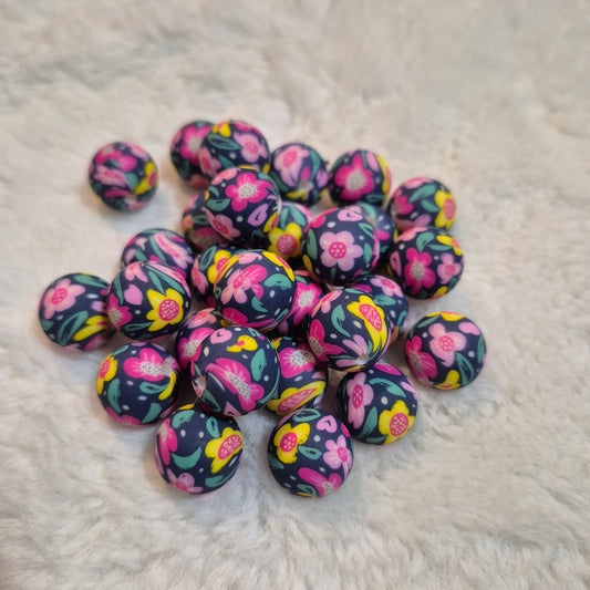 Pink and Yellow Florals 15mm Silicone Bead